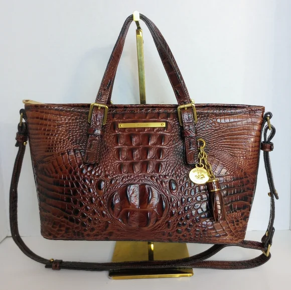 Brahmin Pecan Mini Asher Crocodile Embossed Leather Crossbody Satchel Purse - Picture 1 of 13